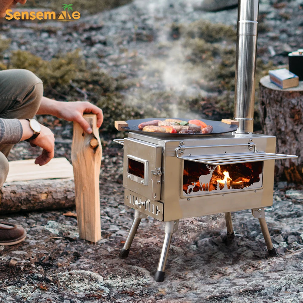 Large Portable Fire Wood Stove with Window Pipe, Tent Heater, Cot Camping, Ice-fishing Cooking, Outdoor BBQ